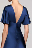 Grey A Line Satin Wedding Guest Dress with Flutter Sleeve