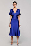 Grey A Line Satin Wedding Guest Dress with Flutter Sleeve