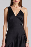 Black Ruffled A Line V-Neck Formal Dress