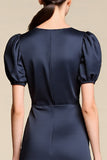 Navy Sheath Midi Formal Dress with Puff Sleeves