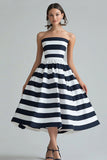 Strapless Navy and White Stripe A Line Formal Dress