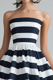 Strapless Navy and White Stripe A Line Formal Dress