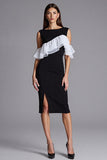 Ruffled Ivory and Black Sheath Formal Dress with Slit