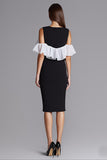 Ruffled Ivory and Black Sheath Formal Dress with Slit
