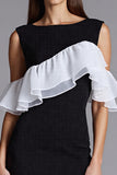 Ruffled Ivory and Black Sheath Formal Dress with Slit