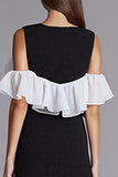 Ruffled Ivory and Black Sheath Formal Dress with Slit