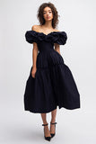 Off The Shoulder Black A Line Formal Dress with Puff Sleeves