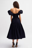 Off The Shoulder Black A Line Formal Dress with Puff Sleeves