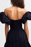 Off The Shoulder Black A Line Formal Dress with Puff Sleeves