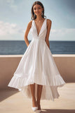 Ivory V Neck Ruffled A Line Graduation Dress