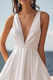 Ivory V Neck Ruffled A Line Graduation Dress
