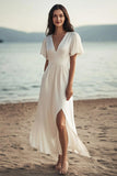 Ivory Ruffle Sleeve A Line Graduation Dress With Slit