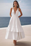 A Line V Neck Ivory Ruffled Graduation Dress