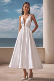 Ivory Satin V Neck Long Graduation Dress