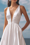 Ivory Satin V Neck Long Graduation Dress