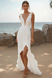 Ivory V Neck Sheath Asymmetrical Graduation Dress