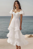 A Line Ruffle Sleeve Tiered Asymmetrical Graduation Dress