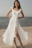 Ivory Pleated A Line Ruffled Graduation Dress With Slit