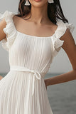 Ivory Pleated A Line Ruffled Graduation Dress With Slit