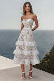 A Line Strapless Tiered Midi Lace Graduation Dress