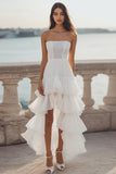 Ivory Strapless Tiered Asymmetrical Graduation Dress With Lace