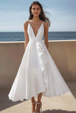 A Line Ruffled V Neck Long Graduation Dress