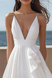 A Line Ruffled V Neck Long Graduation Dress