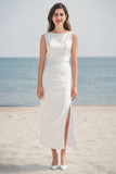 Ivory Sheath Round Neck Long Graduation Dress With Slit