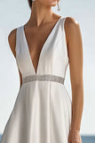 A Line Ivory V-Neck Midi Graduation Dress