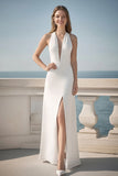 Ivory Sheath V-Neck Wedding Dress with Slit