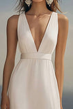 Ivory V-Neck A Line Long Vacation Dress