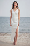Sheath Ivory V-Neck Holiday Dress with Slit