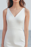 Sheath Ivory V-Neck Holiday Dress with Slit