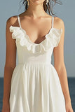 Ivory A Line Ruffled Spaghetti Straps Graduation Dress