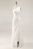 Ivory One Shoulder Ruched Maxi Dress with Slit