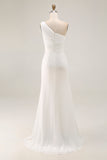 Ivory One Shoulder Ruched Maxi Dress with Slit
