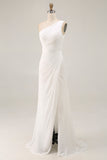 Ivory One Shoulder Ruched Maxi Dress with Slit