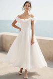 Off The Shoulder Ivory A Line Ruffled Graduation Dress
