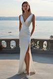 Ivory Sheath V-Neck Engagement Dress with Slit