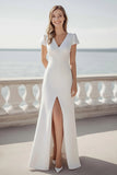 A Line Ivory V-Neck Engagement Dress with Slit