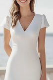 A Line Ivory V-Neck Engagement Dress with Slit