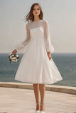 Ivory A Line Illusion Neck Graduation Dress with Long Sleeves