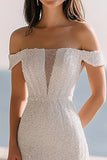 Off The Shoulder Ivory A Line Wedding Dress with Slit