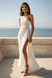 One Shoulder Ivory Engagement Dress with Slit