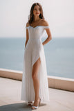 Glitter Off The Shoulder Ivory A Line Wedding Dress with Slit