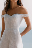 Glitter Off The Shoulder Ivory A Line Wedding Dress with Slit