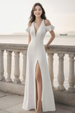 Cold Shoulder Ivory A Line Engagement Dress with Slit