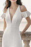 Cold Shoulder Ivory A Line Engagement Dress with Slit