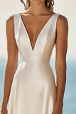 Ivory Satin V-Neck A Line Graduation Dress
