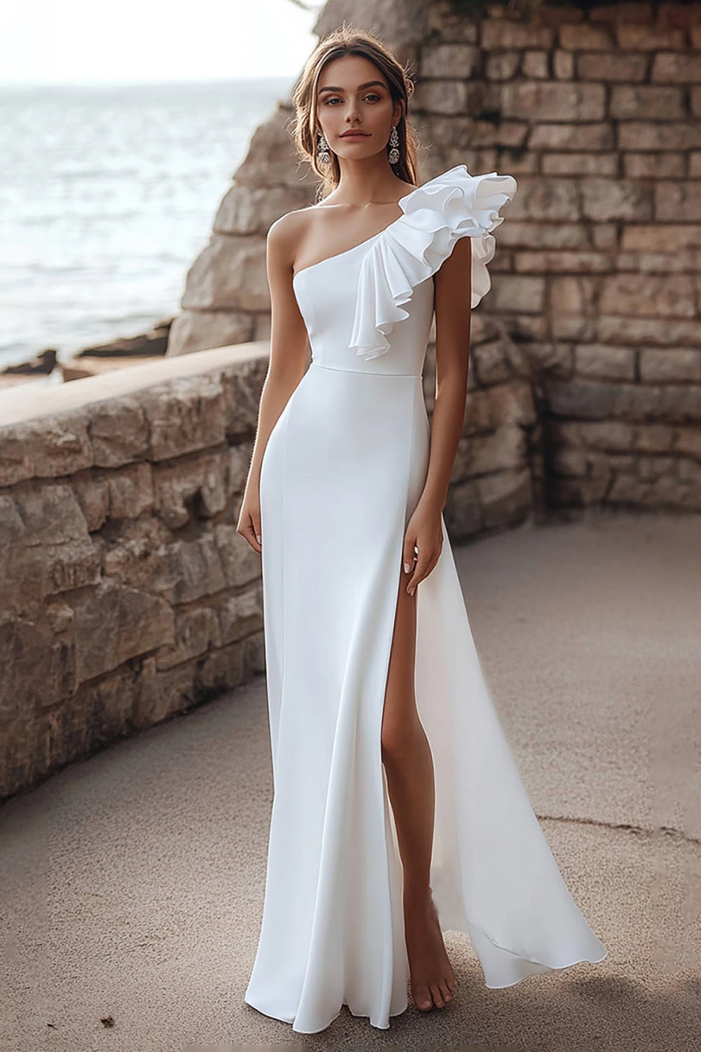Berylove Women Ivory Ruffled Engagement Dress One Shoulder A Line Long Holiday Dress with Slit, Ivory / US24W Berylove Women Ivory Ruffled Engagement Dress One Shoulder A Line Long Holiday Dress with Slit, Ivory / US24W
